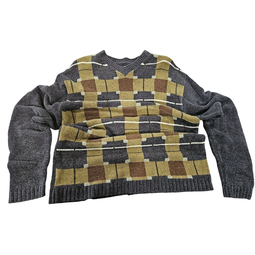 Vintage Santana Chenille Sweater Mens Gray Tan Colorblock 90s Knit L